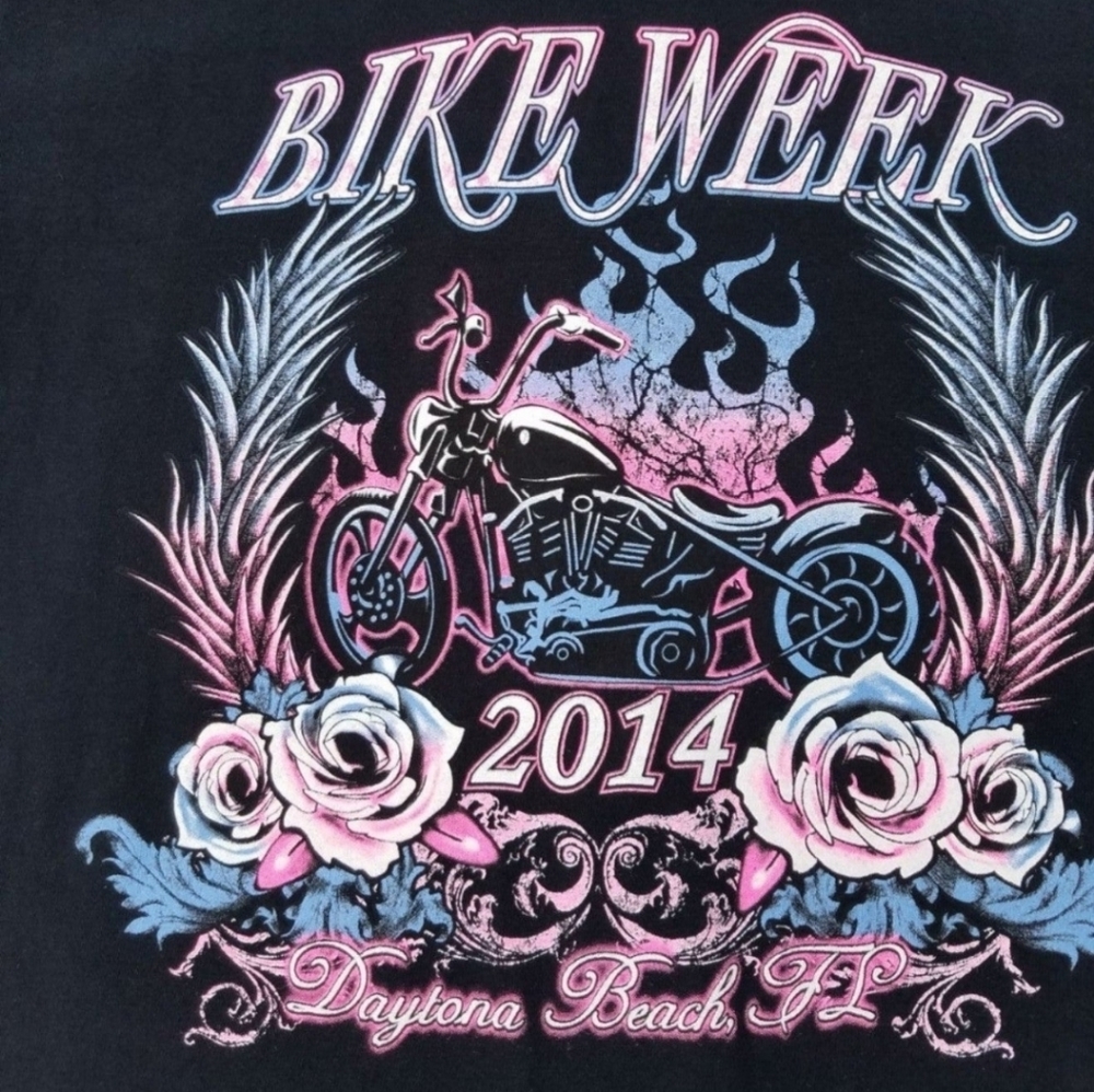 Bike Week Daytona 2014 Womens Tshirt Gildan Black Size Small EUC Floral Biker - Picture 2 of 5